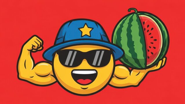Funny Emoji Character with Watermelon and Muscles.