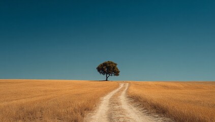Golden field, lone tree, vast blue sky