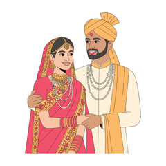 Traditional Indian Wedding Couple in Cultural Attire &ndash; Vector Portrait Illustration