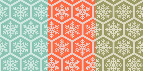 Seamless hexagonal snowflake pattern in modern winter palette. Geometric repeating Christmas design for wrapping, textile and holiday decor.