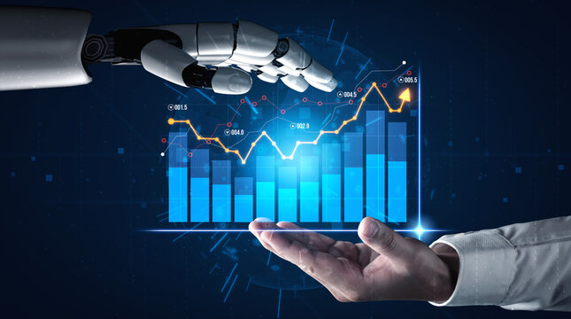 A robotic arm reaches toward a human hand, showcasing a digital stock market graph, symbolizing the collaboration between technology and human expertise in financial analysis. Scalp