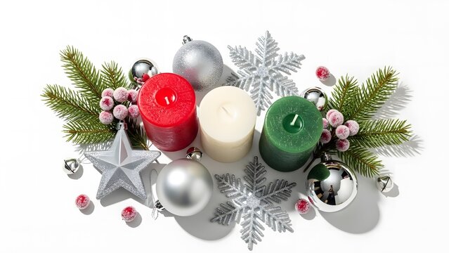 festive christmas holiday composition with three red, cream, green pillar candles, silver ornaments, frosted pine branches for greeting cards, seasonal blogs, and website banners, with copy space - Powered by Adobe