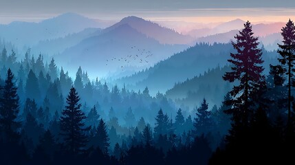 Obraz premium Misty Mountain Landscape With Evergreen Forest and Birds nature mountains