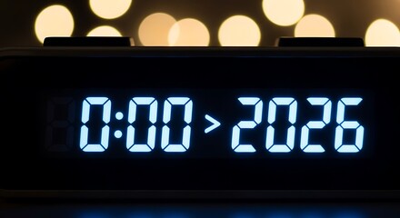 Digital clock displays 0000 transitioning to the year 2026 with bokeh lights