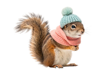Obraz premium Squirrel in turquoise knit hat and pink scarf, isolated on a transparent background