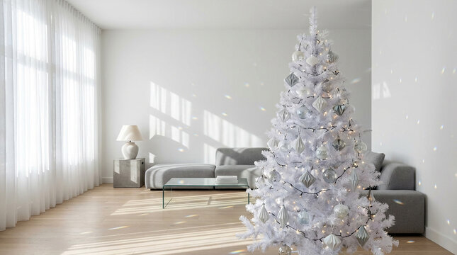 右側にオフセンターで配置された白いクリスマスツリーのあるモダンなリビング インテリア