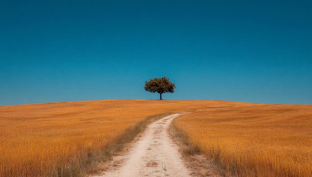 Golden field, lone tree, vast blue sky - Powered by Adobe