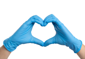 Blue medical gloves forming heart shape gesture, isolated on a transparent background