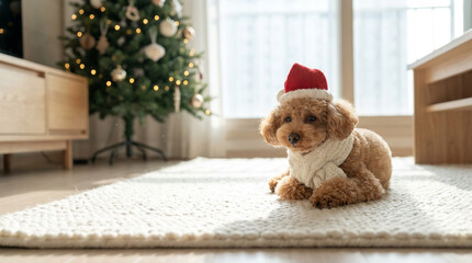 白いラグと背景のぼやけたクリスマスツリーのローアングル撮影 足元の視点