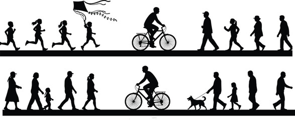 Outdoor activity silhouettes, walking, cycling, running, kite flying, dog walking, family interaction, public space movement, black icons, flat vector
