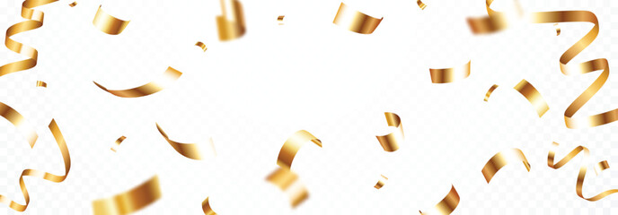 Falling Gold confetti, streamers and ribbons background, Shiny golden paper pieces fly