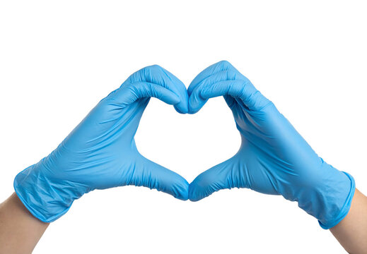 Blue medical gloves forming heart shape gesture, isolated on a transparent background