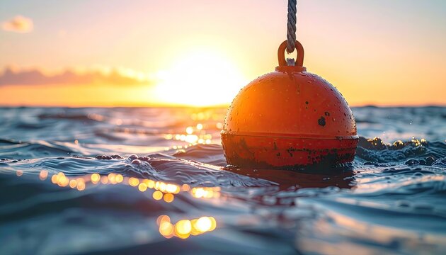 Orange Buoy Floats on Water at Sunset with Golden Light Reflecting and Ripples in the Ocean