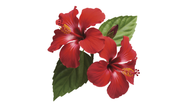 Elegant red hibiscus flowers with leaves create a vibrant botanical design element for your project needs
