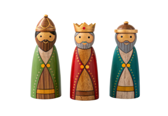 Three colorful wooden Three Wise Men figurines with beards and crowns, isolated on a transparent background