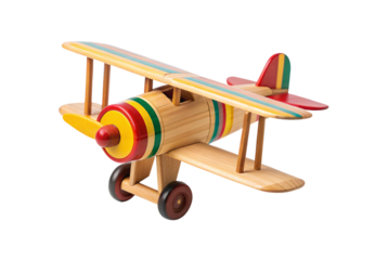 Colorful wooden biplane toy with striped wings and propeller details, isolated on a transparent background