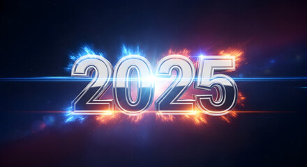 Shiny metallic 2025 text with dynamic blue and orange energy glow, futuristic new year celebration design element on a dark cosmic background.
