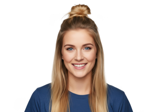 Smiling young woman with blonde hair tied in a top knot wearing a blue shirt isolated on transparent background