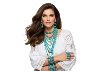 Elegant woman adorned with elaborate turquoise jewelry featuring layered necklaces earrings bracelets and rings isolated on transparent background