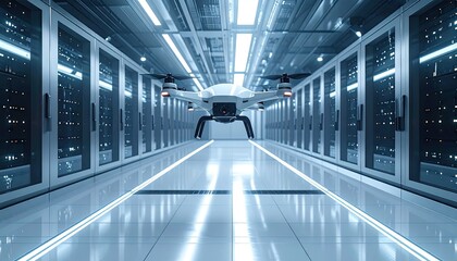 Modern Drone Navigates Futuristic Server Room With Rows Of Racks And Blinking Lights