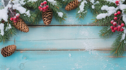 Festive winter holiday background with snow-covered pine branches pine cones and red berries creating a seasonal frame on a light blue wooden surface