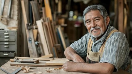 senior hispanic carpenter smiling in woodworking workshop. portrait of happy craftsman wearing apron leaning on workbench with tools and wood shavings. small business concept. - Powered by Adobe
