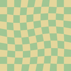 Retro wavy green yellow groovy background with distorted grid. Abstract square checkerboard, checker vector illustration.

