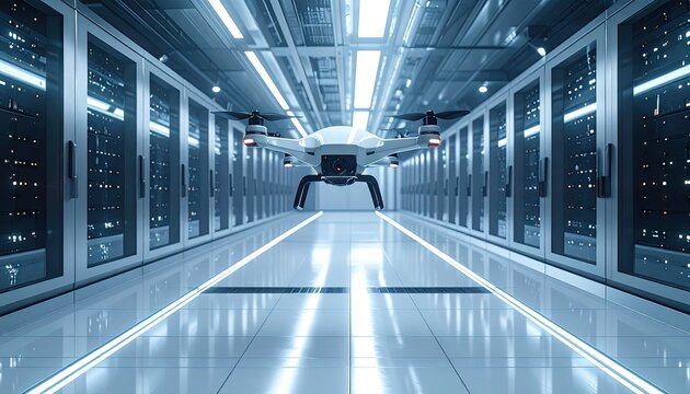 Modern Drone Navigates Futuristic Server Room With Rows Of Racks And Blinking Lights
