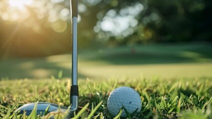 A golf ball and club on the morning grass convey calmness and concentration, perfectly complementing the background of the sports goods advertisement.
