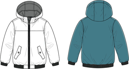 Hooded jacket technical fashion sketch, front and back view, flap pockets, ribbed cuffs and hem, garment flat drawing, apparel vector