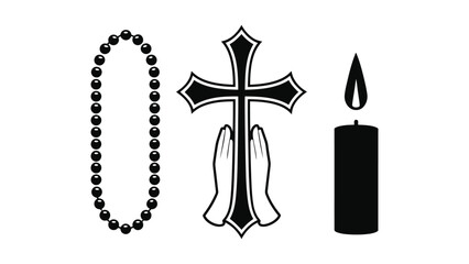 Christian symbols rosary cross praying hands candle black white