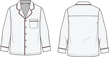 Pajama top technical fashion sketch, front and back view, button-down design, garment flat drawing, apparel template, clothing illustration, vector
