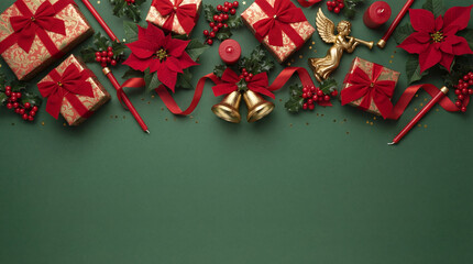 Merry Christmas and Happy Holidays greeting card, frame, banner. New Year. Red Christmas ornaments and gifts, presents on green background top view. Xmas holiday festive theme. Christmas decoration