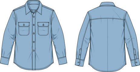 Long sleeve button-up shirt technical fashion sketch, front and back view, garment flat drawing, apparel design template, clothing illustration, vector