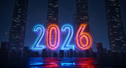 Glowing neon 2026 numbers illuminating a futuristic night city skyline with tall skyscrapers and vibrant reflections on wet ground
