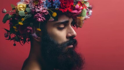 A man with a lush beard and a wreath of bright flowers on a red background embodies boldness and creativity, making him suitable for art projects as an expressive backdrop.
