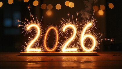 2026 New Year celebration with sparkler lights on a wooden background