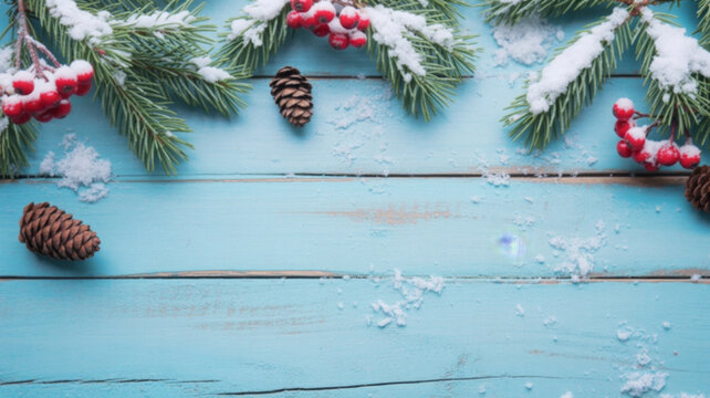 Festive winter background with snow-covered fir branches red berries and pine cones on a blue wooden surface creating a cozy Christmas atmosphere