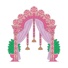 Traditional Wedding Arch Entrance with Ornamental Floral Design and Draped Decor &ndash; Vector Illustration