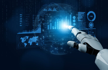 A robotic hand reaches towards a bright digital interface showcasing data analytics, graphs, and global maps, embodying the future of technology and innovation. Scalp