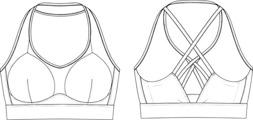 Sports bra technical fashion sketch, front and back view, crisscross strap design, ruched bust detail, garment flat drawing, apparel vector