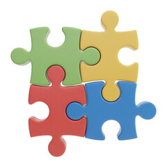Fototapeta premium A 3D rendering of four interconnected puzzle pieces in different colors forming a square shape.
