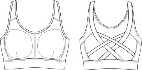 Sports bra technical fashion sketch, front and back view, scoop neckline, crisscross strap design, garment flat drawing, apparel template, vector