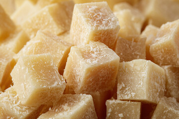 Close-up of delicious parmesan cheese cubes, ready to be served or grated.
