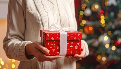 Person holding a festive red Christmas gift box with a decorated tree and bokeh lights in the background.
