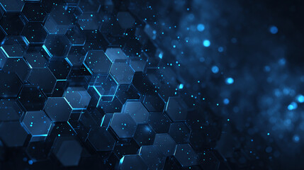 An abstract, futuristic image of hexagonal structures in varying shades of blue, with glowing particles scattered throughout