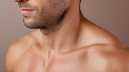 Male shoulder closeup smooth skin stubble jawline healthy complexion soft taupe background relaxed expression natural light adult beauty wellness