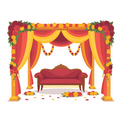 Traditional Wedding Mandap Stage Decoration with Flowers, Drapes and Sofa &ndash; Vector Illustration