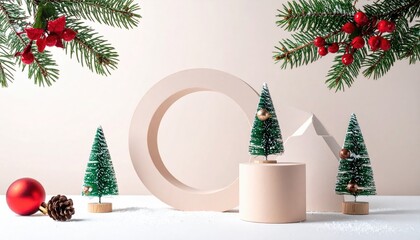Minimalist Christmas Scene with Miniature Trees and Festive Decor.