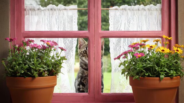 Two Flowering Plants in Terracotta Pots Framing a Pink Window with a White Fence Outside